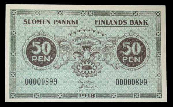 Finland 1918 50 Pennia 00000899 von Collan – Müller, Low Serial Number!