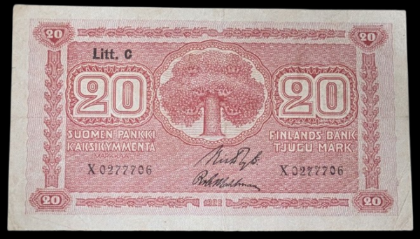20 Markkaa 1922 Litt. C X0277706 Ryti – Wahlman