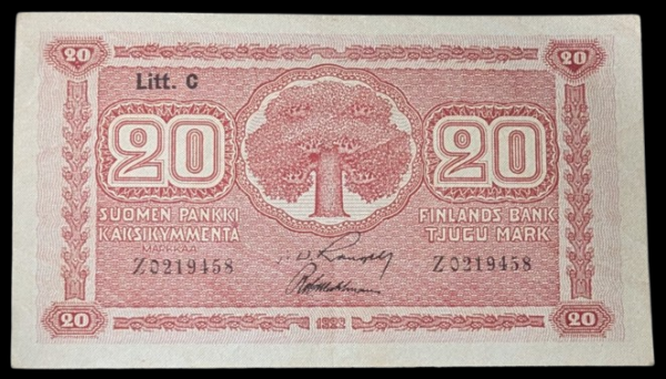 20 Markkaa 1922 Litt. C Z0219458 Rangell – Wahlman