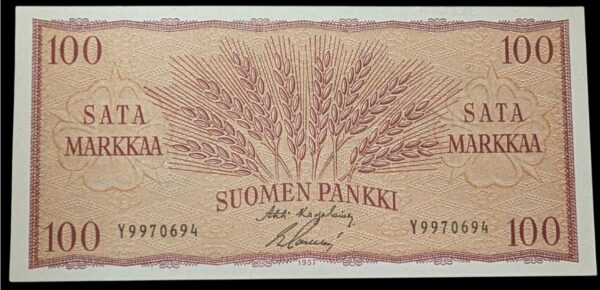 100 Markkaa 1957 Y9970694 Karjalainen – Sacklén