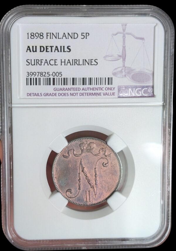Finland 1898 5 Pennia NGC AU Details - Image 3