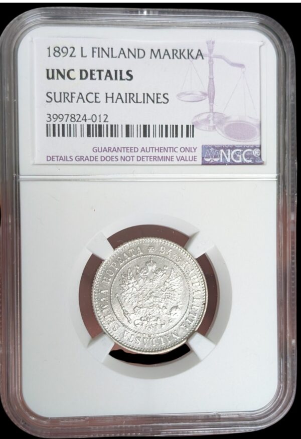 Finland 1892 L 1 Markka NGC UNC Details - Image 3