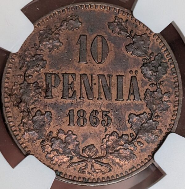 Finland 1865 10 Pennia NGC AU Details