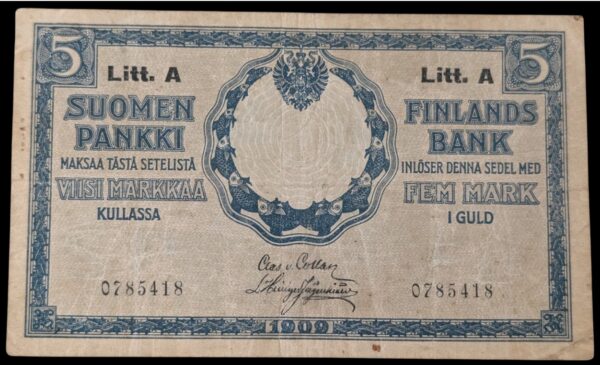 Finland 1909 5 Markkaa Litt. A 0785418 von Collan – Hisinger Jägerskiöld