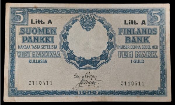 Finland 1909 5 Markkaa Litt. A 0110511 von Collan – Müller