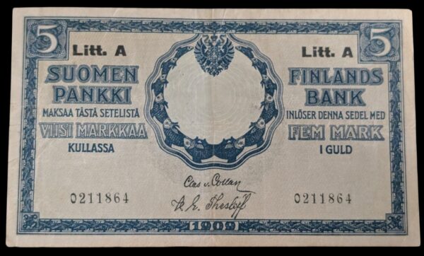 Finland 1909 5 Markkaa Litt. A 0211864 von Collan – Thesleff