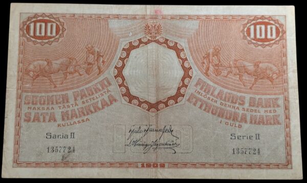 100 Markkaa 1909 Sarja II 1357721 Järnefelt – Hisinger Jägerskiöld