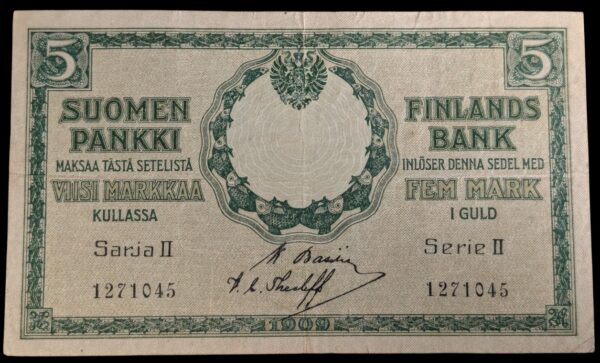 Finland 1909 5 Markkaa Series II 1271045 Basilier – Thesleff