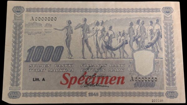 1000 Markkaa 1945 Litt. A Specimen