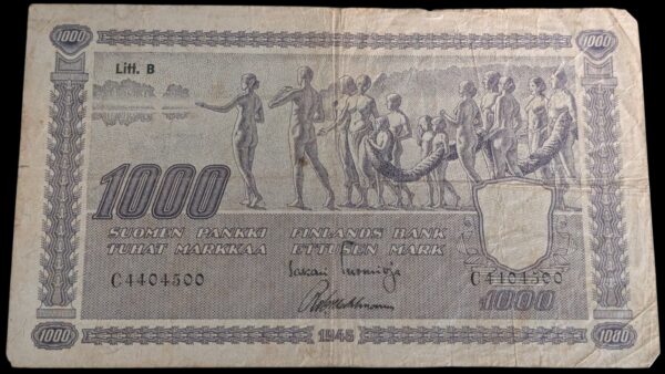 1000 Markkaa 1945 Litt. B C4404500 Tuomioja – Wahlman