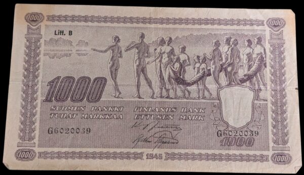 1000 Markkaa 1945 Litt. B G6020039 Jutila– Aspelund