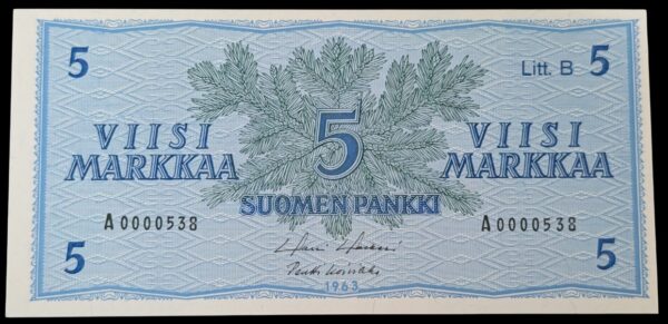 5 Markkaa 1963 Litt. B A0000538, pieni sarjanumero!