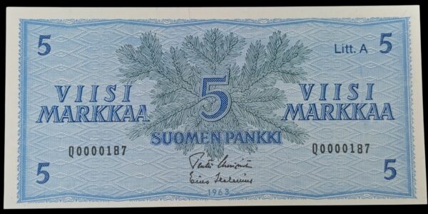 Finland 1963 5 Markkaa Litt. A Q0000187, Low Serial Number!