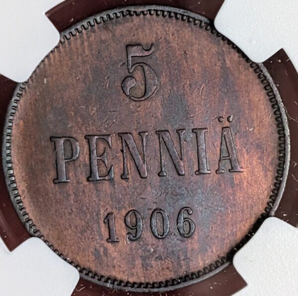 Finland 1906 5 Pennia NGC AU Details