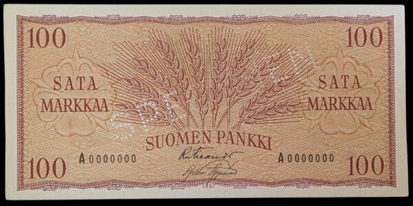 Finland 1957 100 Markkaa SPECIMEN