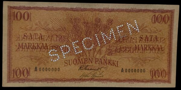 Finland 1957 100 Markkaa SPECIMEN - Image 3