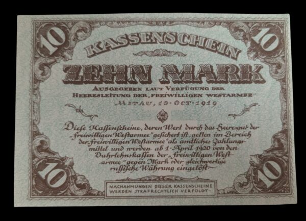 Venäjä, Mitau, Latvia 10 Mark 1919, yksipuolinen