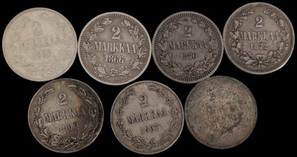 2 Markkaa 1865-1908, 7kpl