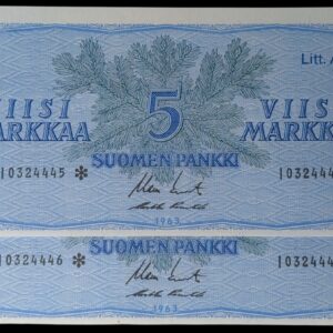 Finland 1963 5 Markkaa Litt. A Star (replacement), Consecutive Numbers