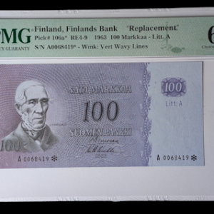 Finland 1963 100 Markkaa Litt. A Star (replacement) A0068419 Sim – Luu, PMG 64