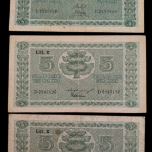 Finland 1922  5 Markkaa Litt A & C, 3pcs