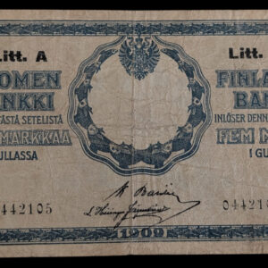 Finland 1909 5 Markkaa Litt. A 0442105 Ba – His