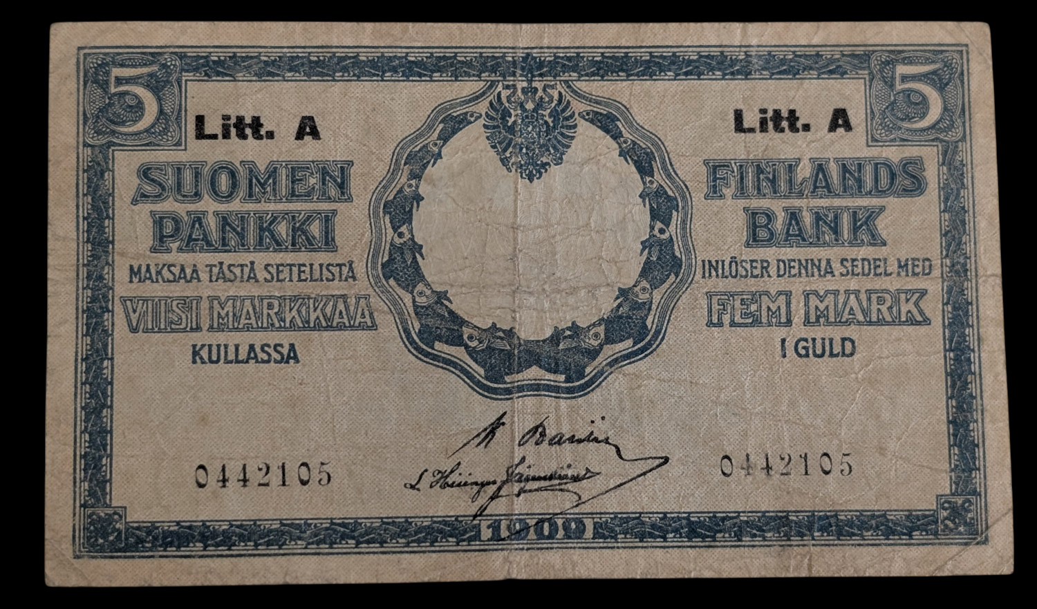 Finland 1909 5 Markkaa Litt. A 0442105 Ba – His