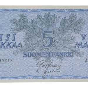 Finland 1963 5 Markkaa Litt. A A0000238 Low Serial Number!