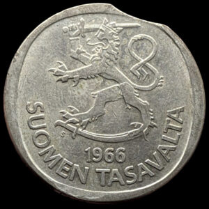 Finland 1966 1 Markka, clipped planchet error